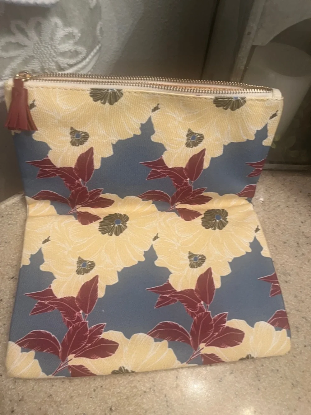 Rachel Pally Floral Reversible Zip Clutch in Blue, Cream & Burgundy